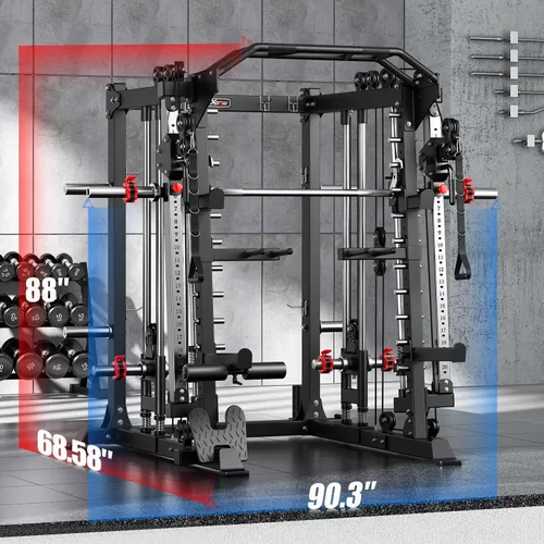 Vista 3 de XGSW Smith Machine Gimnasio en casa, jaula de potencia multifunción con sistema cruzado de cable de polea doble, estante para sentadillas