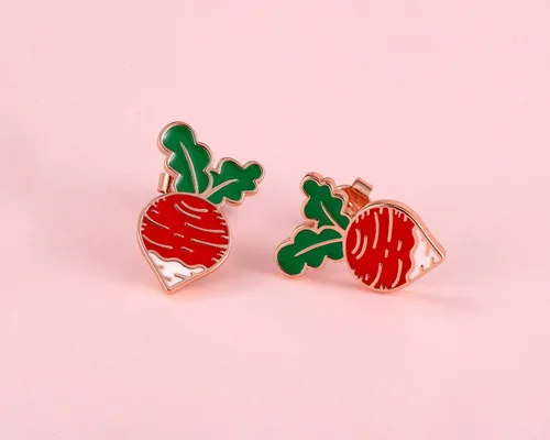 Vista 3 de Aretes de rábano con frutas y verduras para mujer, joyería de verano, perfectos para vacaciones en la playa y fiestas, Metal Esmalte