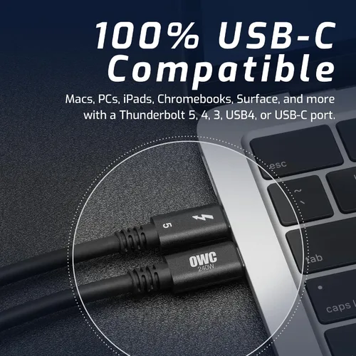Vista 2 de OWC Cable Thunderbolt 5 (USB-C) de 0.8 M, hasta 80 Gb/s de velocidad de datos bidireccional, hasta 120 Gb/s para mayor ancho de banda de pantalla