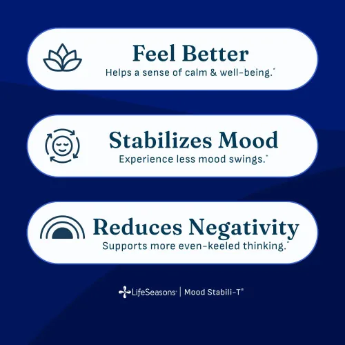 Vista 2 de LifeSeasons Mood Stabili-T Suplemento de apoyo emocional y equilibrio con azafrán, rodiola, L-teanina, 5-HTP y ginkgo - Enfoque tranquilo, apoyo al