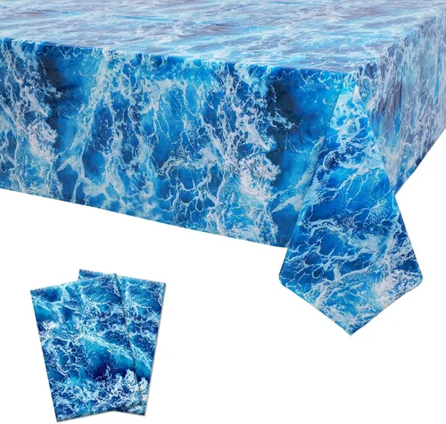 Vista 9 de Mantel de plástico con estampado de olas del océano azul bajo el mar, para playa, piscina, fiesta de cumpleaños, suministros de decoración