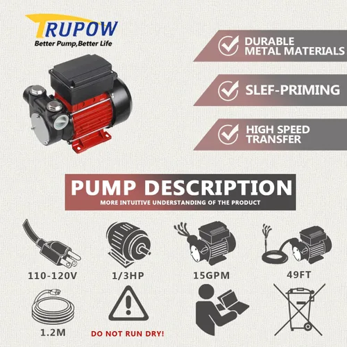 Vista 2 de Trupow Bomba extractora de transferencia de combustible eléctrico de autocebado para diesel, queroseno y aceite de 110V CA 15GPM