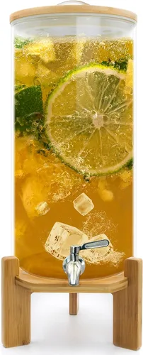 Vista 8 de Dispensador de bebidas de vidrio con soporte, dispensador de bebidas de vidrio de 1.5 galones, dispensador de bebidas con soporte de madera, grifo