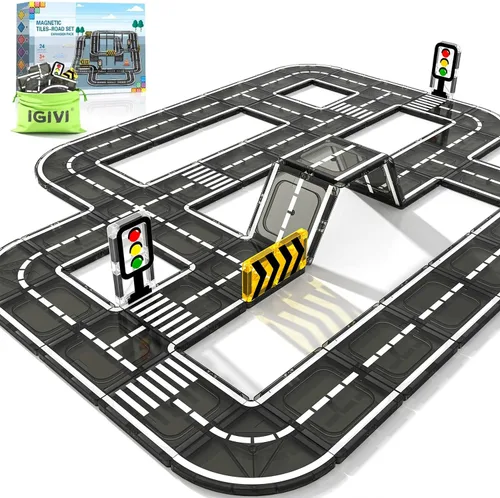 Vista 7 de Juego de 112 piezas de azulejos magnéticos para carretera con colores vibrantes y fuerza ultra magnética, bloques de construcción de carreteras