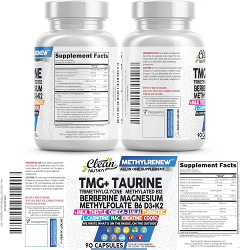 Vista 9 de Clean Nutra TMG Supplements 1000mg Multivitamínico metilado para mujeres y hombres Taurina B6 Vitaminas B12 D3 K2 Trimetilglicina Magnesio