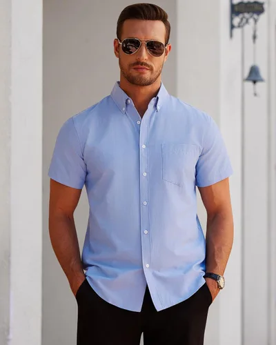 Vista 4 de Alimens & Gentle Camisa Oxford de manga corta para hombre, ajuste regular, cuello abotonado, con bolsillo