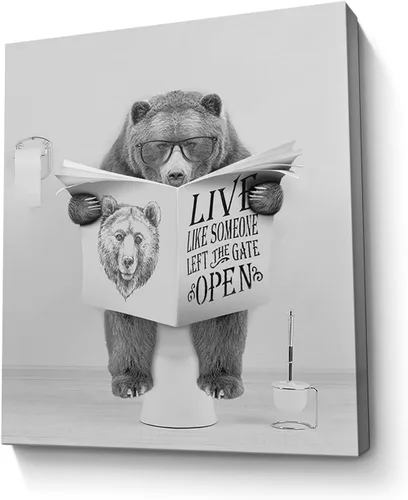 Vista 31 de Bonito oso para decoración de baño, arte de pared divertido con estampado de oso de casa de campo, pintura decorativa de pared enmarcada moderna