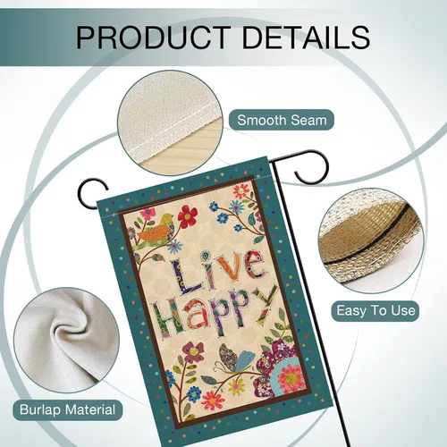 Vista 4 de Hzppyz Live Happy - Bandera decorativa pequeña para jardín con flores, pájaro, primavera y verano, cita inspiradora para casa, patio, decoración