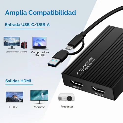 Vista 8 de ACASIS Adaptador DisplayLink USB C a HDMI dual para Mac M1/M2/M3/M4/Windows Negro