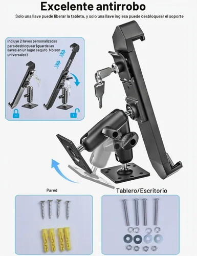 Vista 6 de Base de taladro antirrobo resistente para tableta, soporte para tablero de automóvil para camiones/vehículo con cerradura de seguridad y llave
