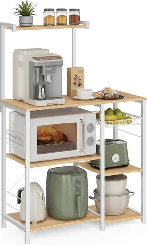 Vista 13 de VASAGLE Estante para panadero, soporte para microondas, estante de almacenamiento de cocina con cesta de alambre, 6 ganchos y estantes