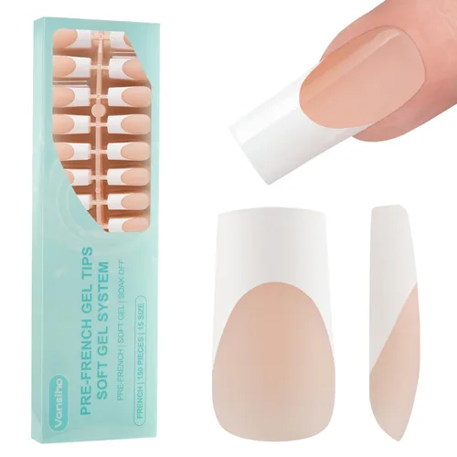 Vista 7 de Vansiho Uñas postizas de gel francés de almendra media, uñas suaves rosadas