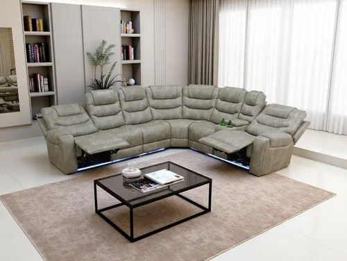 Vista 31 de Juego de sofá de cuero transpirable con puerto USB, 5 sofás seccionales reclinables en forma de L y 2 sillas, juego de sofá seccional reclinable