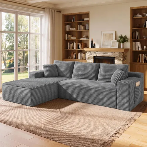 Vista 23 de WINBOY Sofás deshuesados en forma de L de 106 pulgadas para sala de estar, cómodo sofá modular de pana comprimido con bolsillo lateral, Chiase