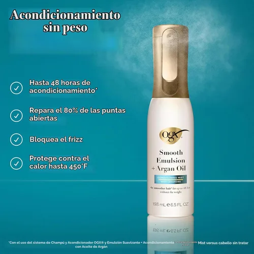 Vista 2 de OGX Smooth Emulsion + Spray acondicionador de aceite de argán, 6.5 fl oz