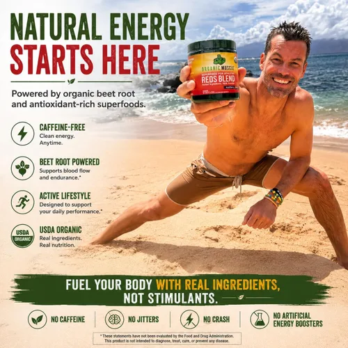 Vista 2 de Organic Muscle Superfood Reds para energía natural y salud de la piel Batido de jugo rojo orgánico USDA Vegano, ceto, sin OMG, sabor a bayas