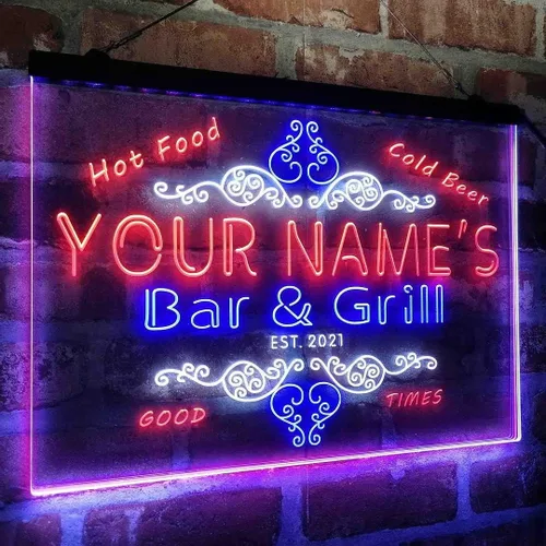 Vista 7 de Letrero de luz de neón LED tricolor personalizado para bar y parrilla, nombre personalizado, fecha, texto, cita, fuente blanco, azul y rojo, 17.7 x