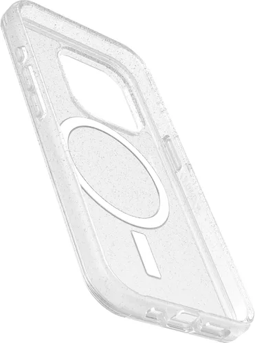 Vista 3 de OtterBox Funda transparente para iPhone 15 Pro (solamente) de la serie Symmetry, polvo de estrellas (transparente/plateado), se acopla a MagSafe