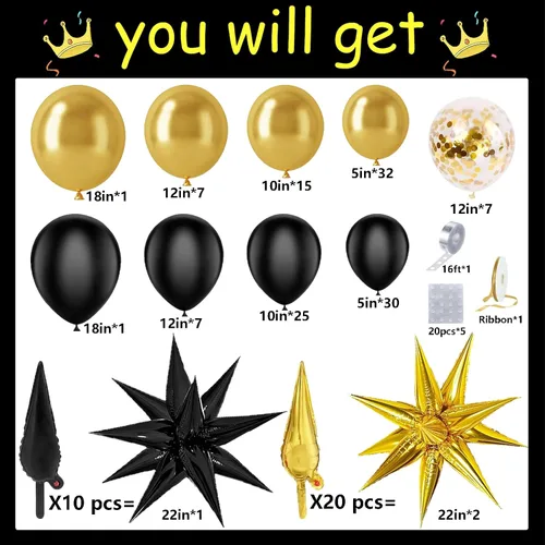 Vista 4 de Kit de arco de guirnalda de globos negro y dorado 158 piezas con globos de confeti negro y dorado, globos de papel de aluminio estrella