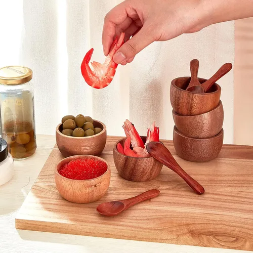 Vista 4 de Didaey 8 cuencos pequeños de madera para sumergir condimentos, pequeños cuencos de madera para servir de 3.2 x 2.4 pulgadas con 8 cucharas