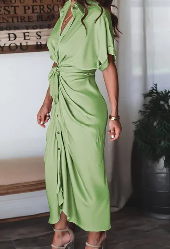 Vista 6 de Vestido largo camisero de manga corta con botones y cinturón para mujer, elegante, de satén