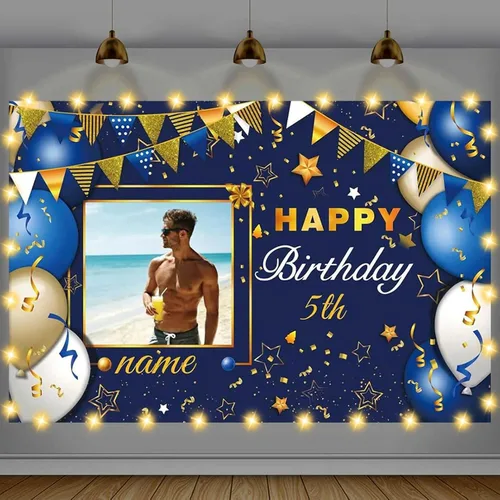 Vista 30 de Cartel de feliz cumpleaños beige personalizado para telón de fondo grande de feliz cumpleaños, globo aerostático, fiesta, interior y exterior