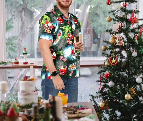 Vista 2 de HAPPY BAY Camisa de vestir de manga corta para hombre, diseño de Papá Noel, para fiesta de Navidad, camisas hawaianas para hombres
