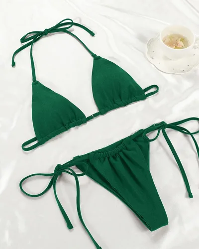 Vista 6 de Women Halter String Bikini Set Sexy Thong Cheeky Two Piece Swimsuits Solid Color Bathing Swimwear