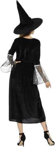 Vista 7 de Zhitunemi Disfraz de bruja para mujer, vestido de hechicera, sombrero de bruja malvada de araña, disfraces