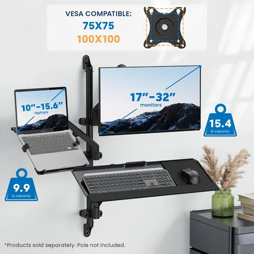 Vista 6 de Mount-It! Montaje de teclado en pared con opción de poste, bandeja ajustable para teclado y mouse con brazo de resorte, extensión giratoria