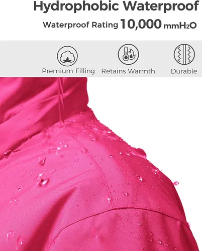 Vista 3 de Wantdo - Chaqueta impermeable para niñas, con capucha, de invierno con forro polar, para la nieve, resistente al agua, ropa exterior Rojo rosa