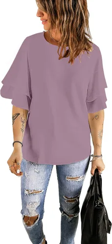 Vista 5 de luvamia Blusa casual de manga acampanada de 34 con cuello redondo para mujer