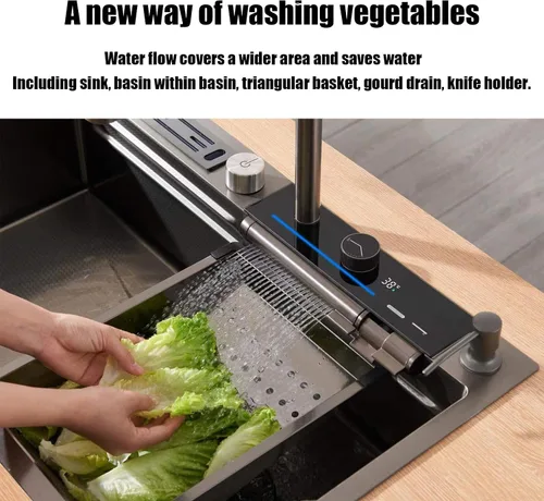 Vista 3 de BEITH Fregadero de cocina moderno, fregadero multifunción de 29 x 17 pulgadas, pantalla digital inteligente, cascada de ángulo ajustable con 3 modos