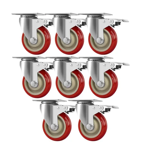 Vista 7 de Y&Y Decor Ruedas giratorias resistentes de 3 pulgadas con freno, paquete de 4 ruedas de poliuretano rojas, rotación de 360°, sin marcas, 250 libras