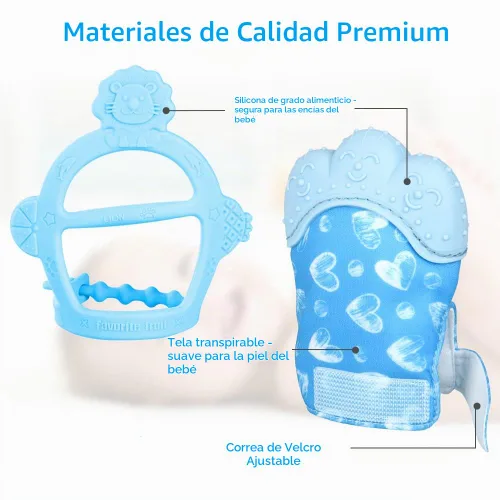 Vista 3 de Vicloon Guante de dentición de silicona, 2 piezas de guante de dentición para bebé con correa ajustable, sonido crujiente y texturado, juguetes
