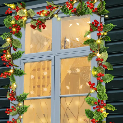 Vista 8 de ATDAWN - Guirnalda de Navidad Iluminada de Bayas Rojas de 7 Pies, Guirnalda Navideña Operada a Pilas con Luces, Guirnalda Artificial Flexible