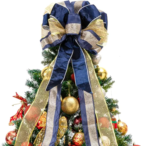 Vista 5 de Adorno de Lazo Azul Dorado para la Punta del Árbol de Navidad - 33 x 13 Pulgadas Lazo de Regalo Grande Hecho a Mano Decoración para Coronas