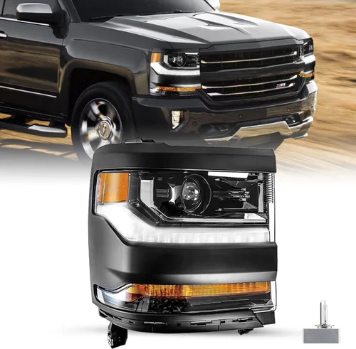 Vista 22 de Ensamble de faro HID/Xenón SOCKIR Compatible con Chevy Silverado 1500 2016-2019/19 Chevy Silverado 1500 LD [con bombilla HID D5S] con DRL LED