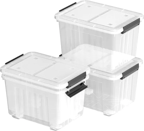 Vista 7 de Paquete de 4 contenedores de almacenamiento de plástico de 30 cuartos de galón con tapas de pestillo y ruedas, contenedor transparente Clear