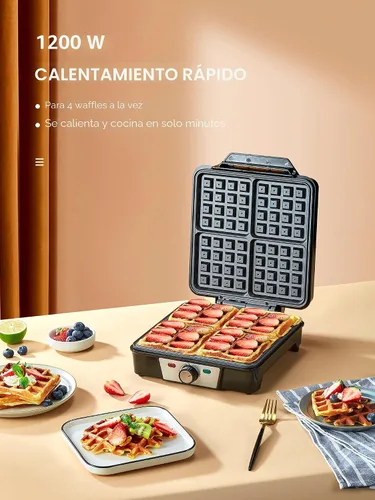 Vista 4 de Máquina de gofres belga de 4 rebanadas, plancha para gofres de 1200W, plancha antidesbordamiento con perilla de tostado, placas antiadherentes