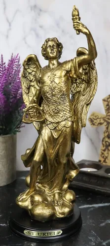 Vista 6 de Ebros - Estatua de arcángel de la iglesia católica Uriel de 8 pulgadas de alto, figura de San Uriel el Arcángel con placa de nombre de latón y base