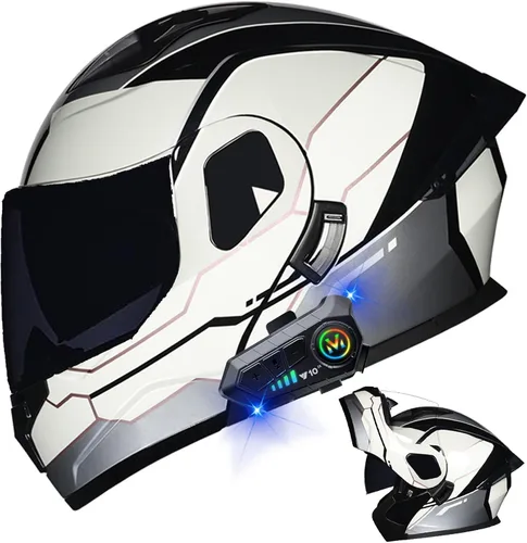Vista 18 de Casco modular Bluetooth para motocicleta, aprobado por DOT, de cara completa, abatible, antivaho, doble visera, casco de motocicleta de calle, LENTE