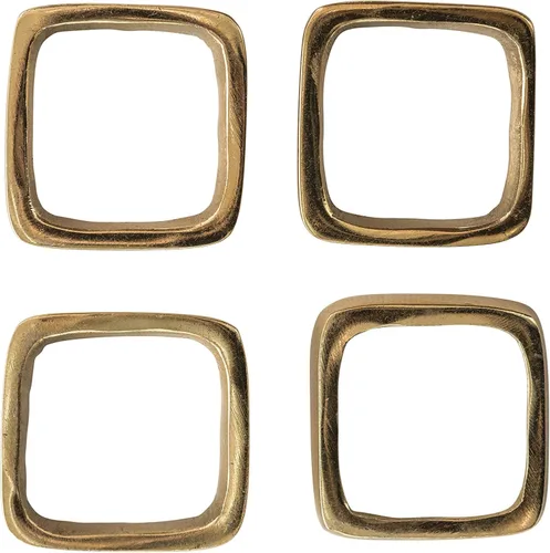 Vista 2 de Servilleteros cuadrados de metal con acabado de latón con corbata de cuero (juego de 4 piezas)