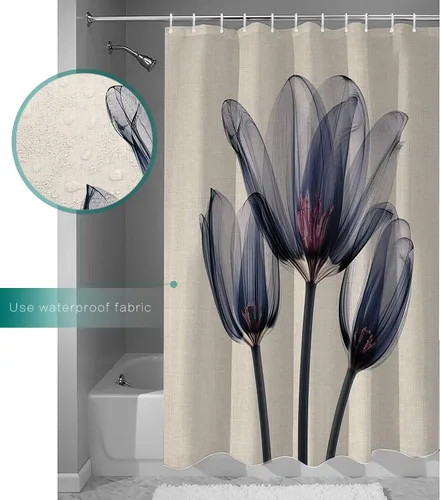 Vista 5 de Cortina de ducha, diseño abstracto transparente de tulipán, de algodón y lino con textura de tulipán, juego de cortina de ducha impermeable con 12