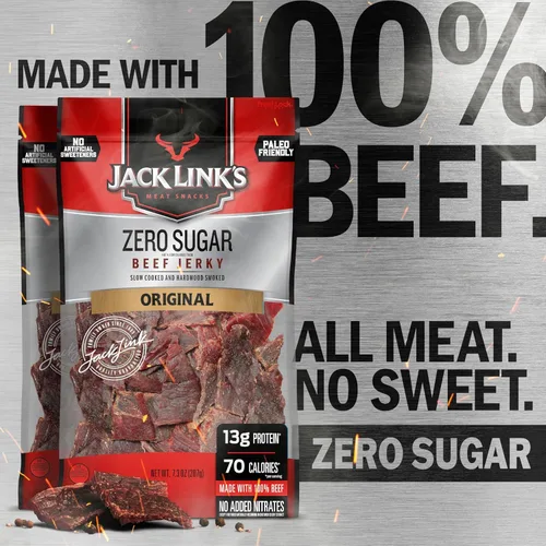 Vista 3 de Jack Link's Carne de res, sin azúcar, aperitivo apto para paleo, sin edulcorantes artificiales, 0.46 oz de proteína y 70 calorías por porción, sin