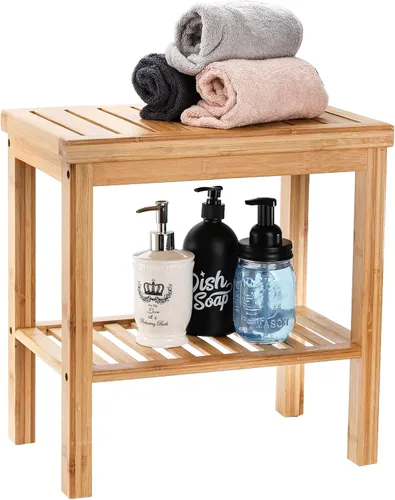 Vista 7 de SOUJOY Banco de ducha de bambú, taburete de asiento de baño, taburete de afeitado para reposapiés de spa, estante de almacenamiento para toalla