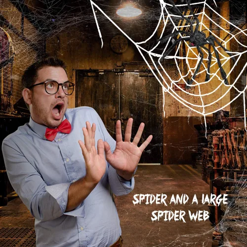 Vista 3 de Decoraciones de Halloween, 2 arañas gigantes de 50 pulgadas + telaraña triangular de 200 pulgadas y tela de araña redonda de 100 pulgadas