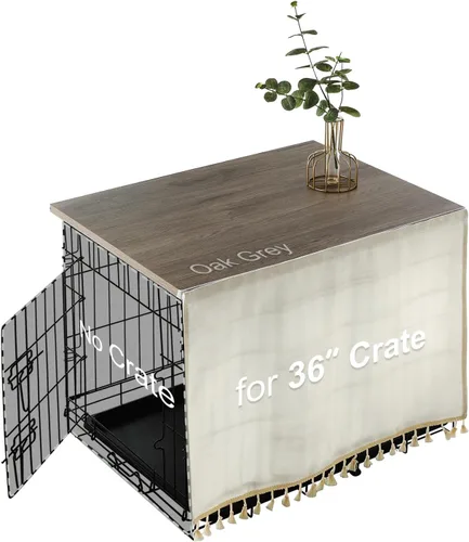 Vista 9 de VIE DE AMAN Cubierta para Jaula de Perros de Madera para Jaulas de 48, 42, 36, 24 pulgadas, Cubierta de Mesa con Cortina de Borlas, Cubierta de Gris