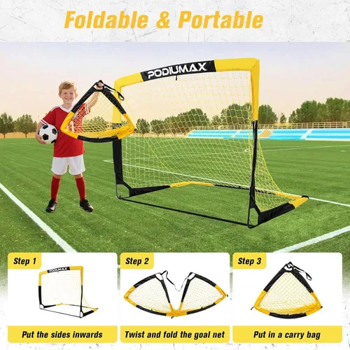 Vista 6 de PodiuMax Juego de porterías de fútbol para niños, conjunto de 2, de 4x3 pies. Porterías de fútbol emergentes, portátiles y para el patio trasero