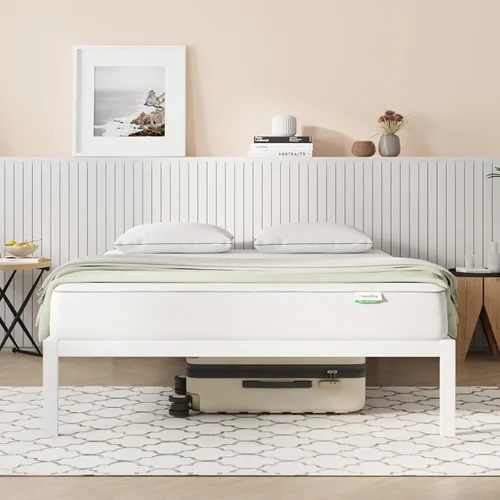 Vista 17 de Novilla Base de cama individual con cabecero, marco de cama de plataforma de metal, resistente, no necesita somier, soporte de listones de madera